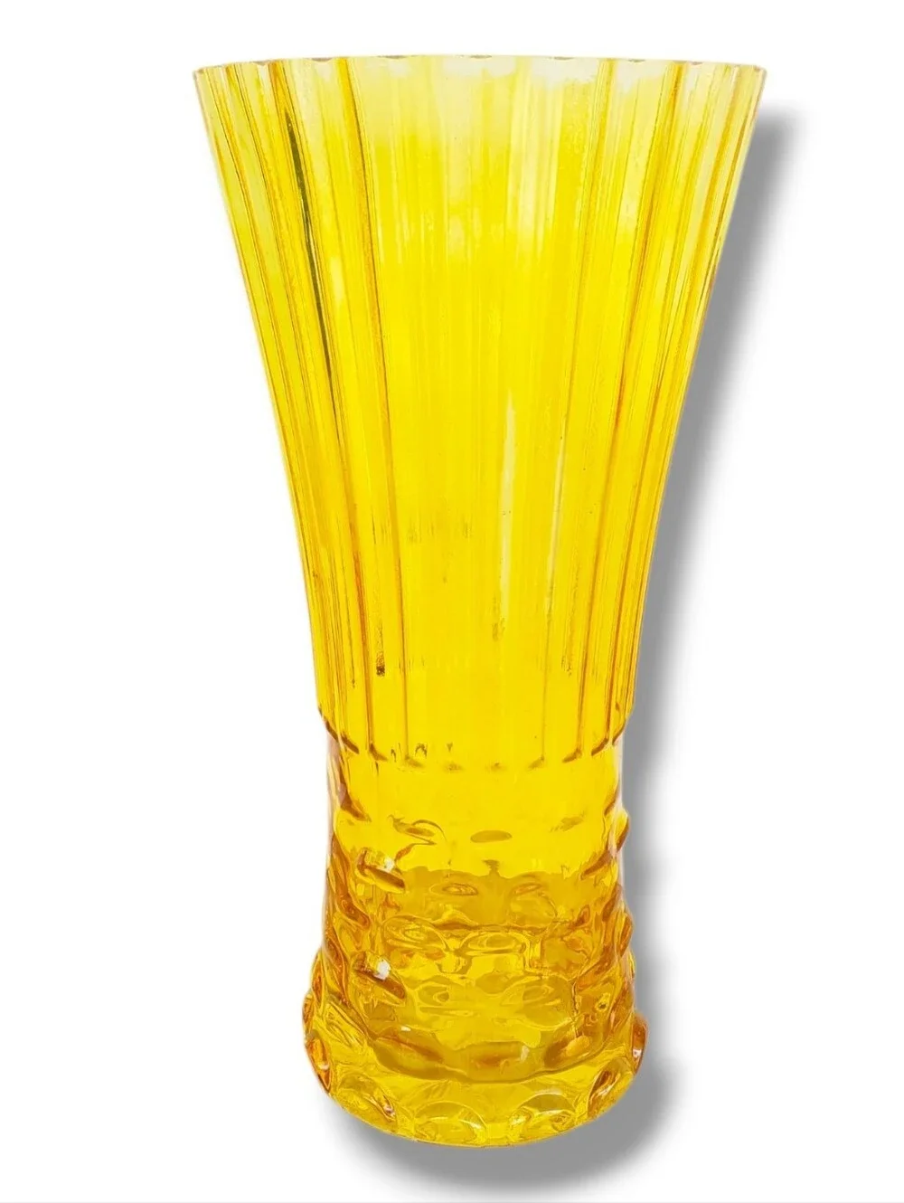 Vintage Amber Glass Fluted Vase Scalloped Rim Mid-Century Style 12” Tall Texture